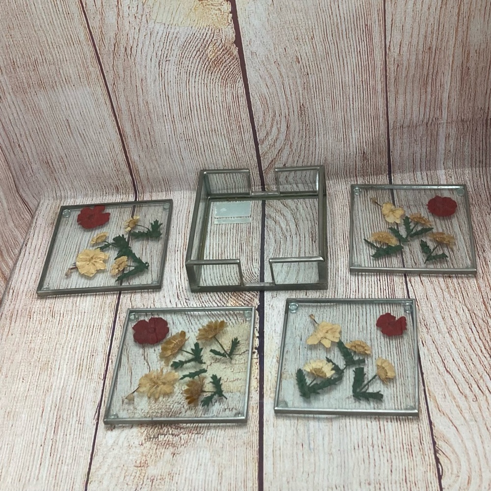 Coaster Set Pressed Dried Flower Glass & Metal Vintage Burnes Of Boston